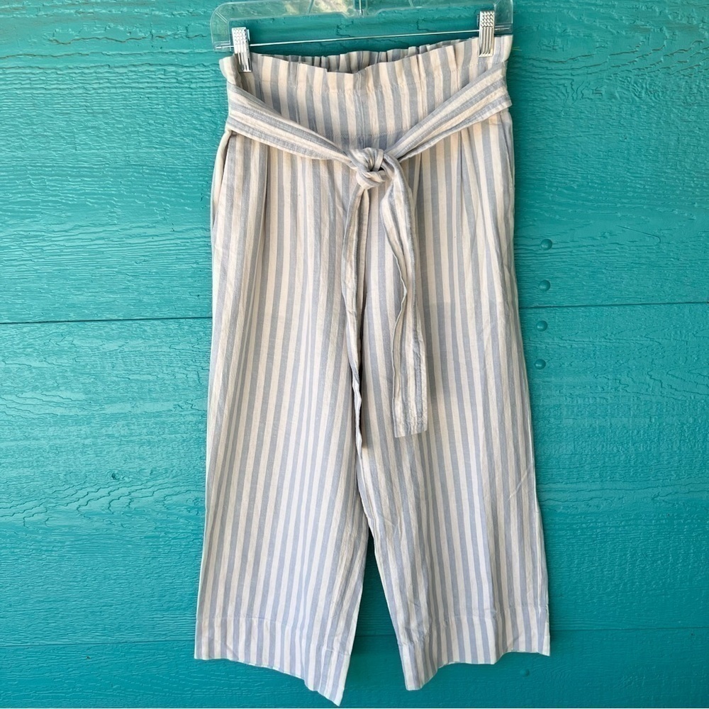 MADEWELL LINEN STRIPED BAGGY WIDE LEG BLUE CREAM PANTS WITH TIE SIZE SMALL EUC